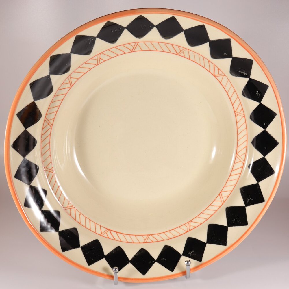 Hartstone Pottery USA Center Diamond Pasta Bowl Black & Peach Stamped Vintage